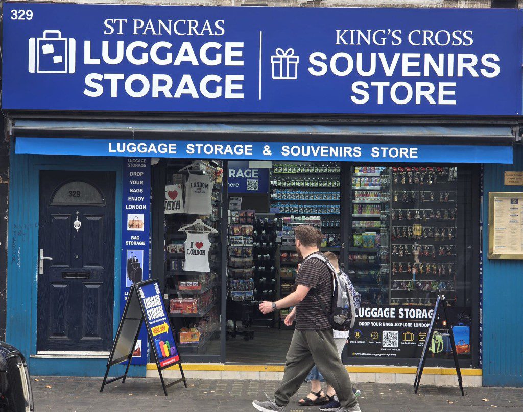 Shop front with luggage storage banner