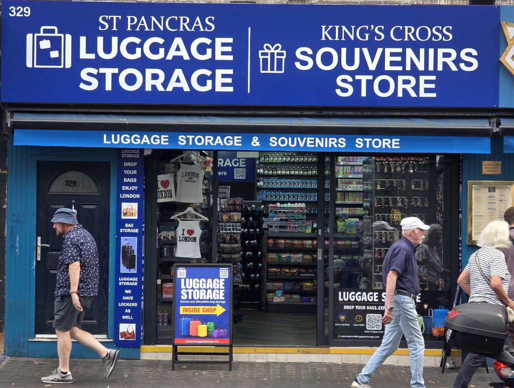 Shop entrance and luggage storage sign